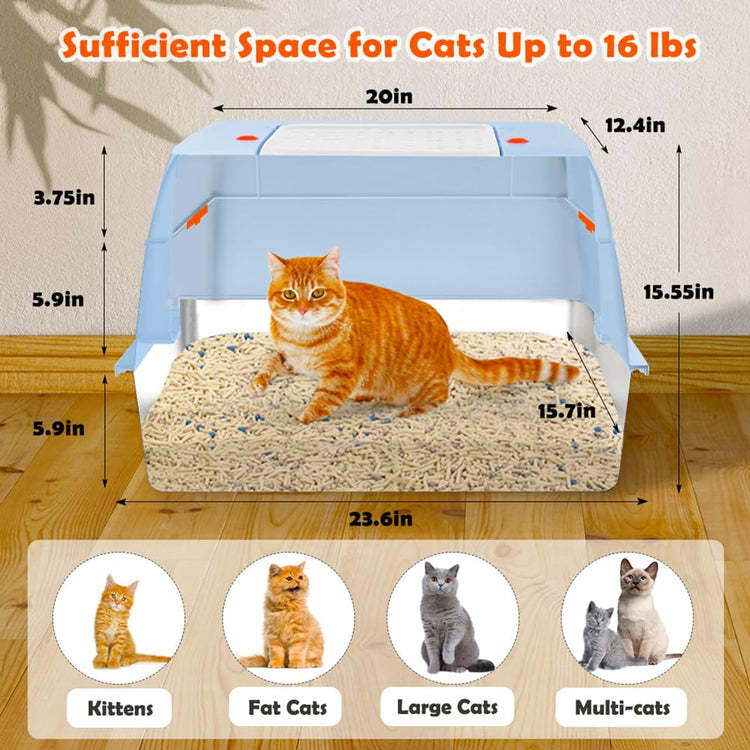 Vivifying Stainless Steel Litter Box, XL Side Entry Extra Large Litter Box with Lid for Big Cats & Kitty, Removable Enclosed Metal Cat Pan with High Sided Enclosure, Scoop (Black)