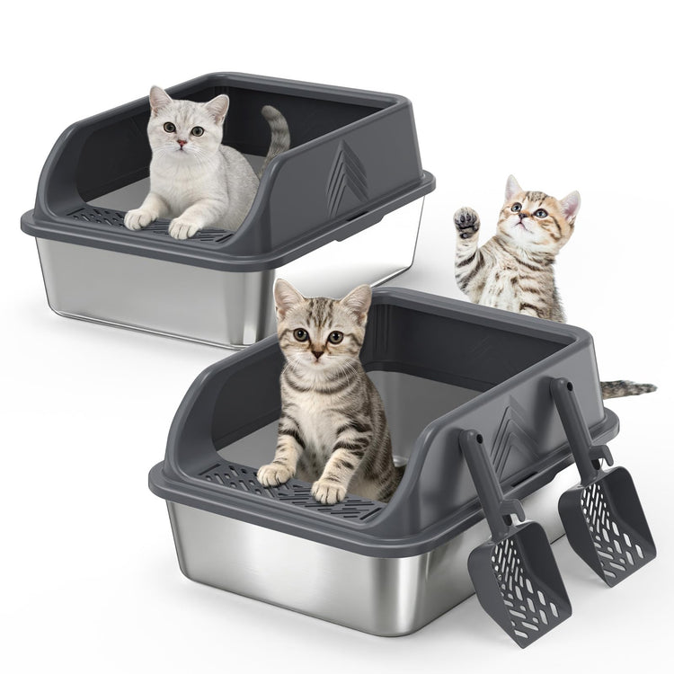 2 Pack XL Stainless Steel Litter Box, Metal Cat Litter Boxes with Lid, High Sided Enclosed Litter Boxes for Big Cat and Multiple Cats, Anti-Urine Leakage | Non-Stick Bottom & Includes Scoop