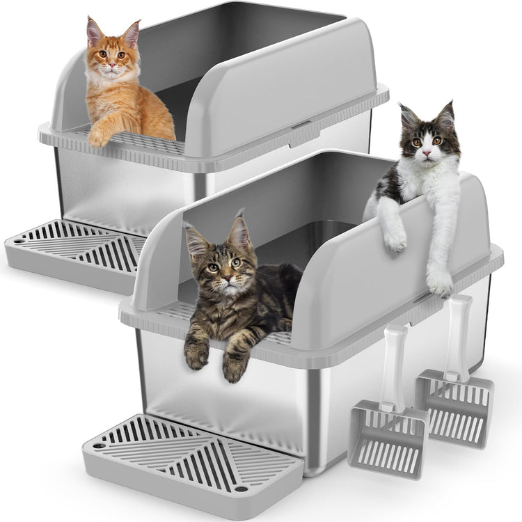 Extra Large Stainless Steel Litter Box with Lid, High Sides Enclosed Cat Litter Box for Big Cats & High Peeing, Anti-Leak & Odor Control Metal Litter Pan, Easy Clean Non-Stick Kitty Litter Box