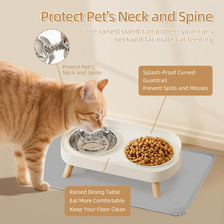 Elevated Cat Bowl, Raised Cat Food and Water Bowl Set for Indoor Cats, Splash Proof with 2 Stainless Steel Pet Food Bowls for Cats and Puppies, Whisker Fatigue and Dishwasher Safe - White