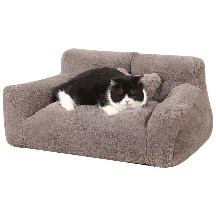 Fluffy Cat Couch for Indoor Cats, Small Dog Bed with Bone Shaped Pillow, Anti-Anxiety Pet Bed with Washable Cover, Brown