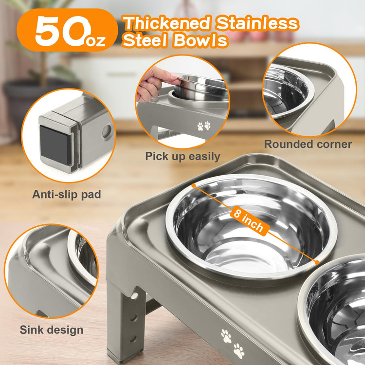 COMESOON Elevated Dog Bowls, 4 Height Adjustable Raised Bowl Stand with 2 Thick 50oz Stainless Steel Food Bowls Non-Slip Feeder Adjusts to 3.7'', 9.2'', 10.75'', 12.36'' Black, (DB-W01)