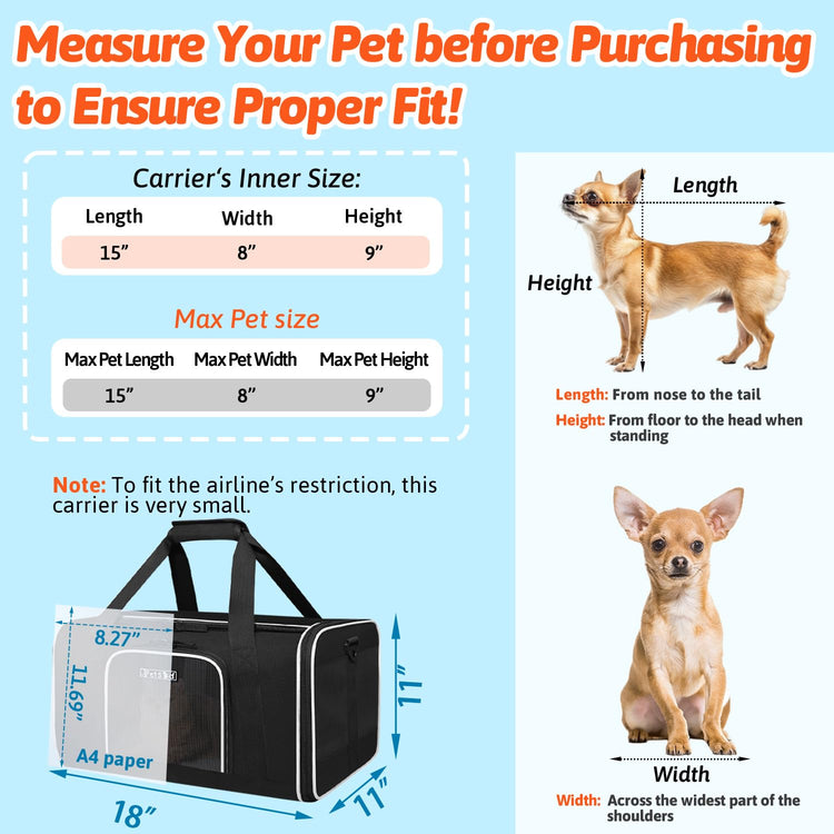 Petskd Pet Carrier 17x11x9.5 Alaska Airline Approved,Pet Travel Carrier Bag for Small Cats and Dogs, Soft Dog Carrier for 1-10 LBS Pets,Dog Cat Carrier with Safety Lock Zipper(Black)