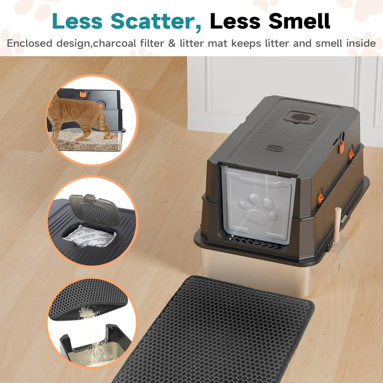 TENTIZON Stainless Steel Cat Litter Box with Lid, Large Covered Enclosed Kitty Litterbox with Hood, Flip Top, High Side, Litter Mat, Scoop for Big Cats, Kitten, No Odor, No Mess, Easy Clean, Grey