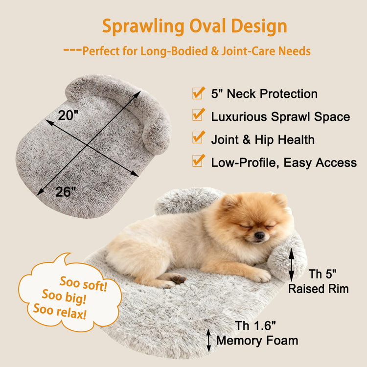 Orthopedic Dog Bed with Egg-Crate Base, Calming Dog & Cat Beds Long Plush with Raised Edges, Spine Friendly Pet Sleeping Mat for Small Medium Dogs, Machine Washable (Oval, Beige 26"x20")