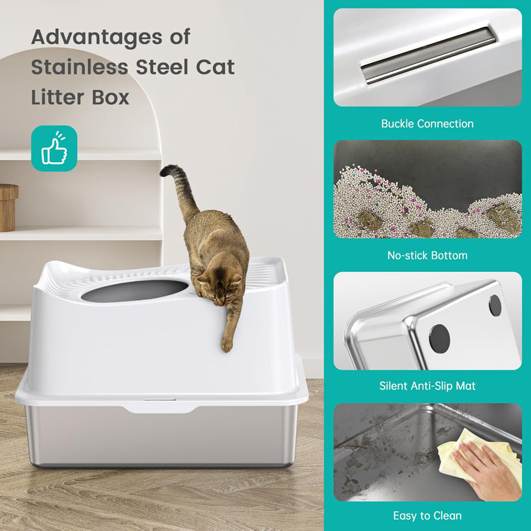 WoofiGo Enclosed Stainless Steel Cat Litter Box with Lid, XL Extra Large Litter Box for Big Cats, Metal Litter Pan High Sided, Never Absorbs Odors, Anti-Urine Leakage, Easy Cleaning, Include Scoop
