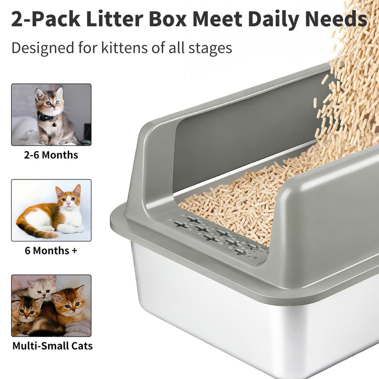 Kirecoo 2 Pack Stainless Steel Litter Box with Lid, Large Enclosed Metal Cat Litter Box Pan High Sided, Easy Clean Anti-Leakage Litterbox Tray for Indoor Big Cats, Kittens or Multicat, Scoop Included