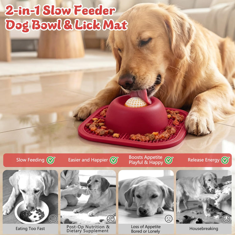 Slow Feeder Dog Bowls & Lick Mat for Liquid and Thick Treat, Anti-Slip Dog Lick Bowl with Interactive Rolling Ball, 5/6 Cup Pup Licking Toy for Large Medium Small Dogs and Cats Blue