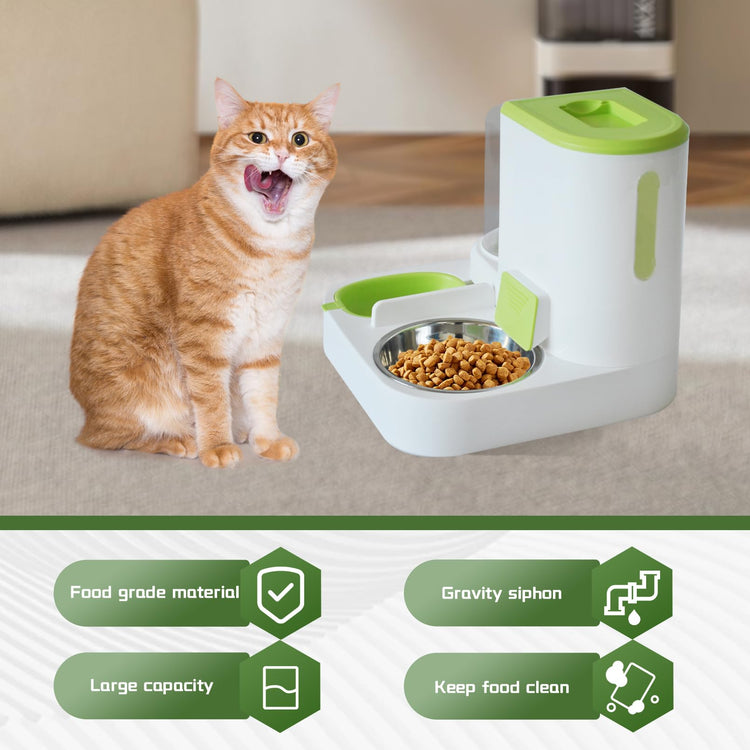 2 in 1 Automatic Cat Feeder & Water Dispenser,Gravity Pet Feeder Stainless Steel Food Water Bowl All-in-One Large Capacity Self Feeding for Cats Dogs Small Medium Pets(Green)