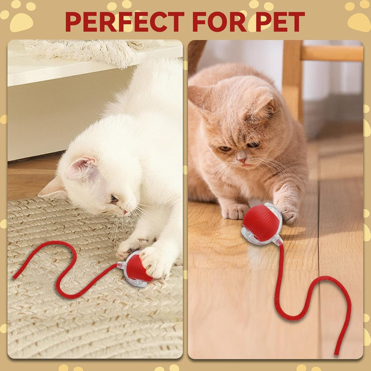 Interactive Electric Automatic Rolling Moving Rechargeable Self Play Stimulation Toy,Smart Pet Chase Ball with Speedy Tail Rope for Bored Indoor Cats Enrichment,stimulating Dogs Toy (Red)
