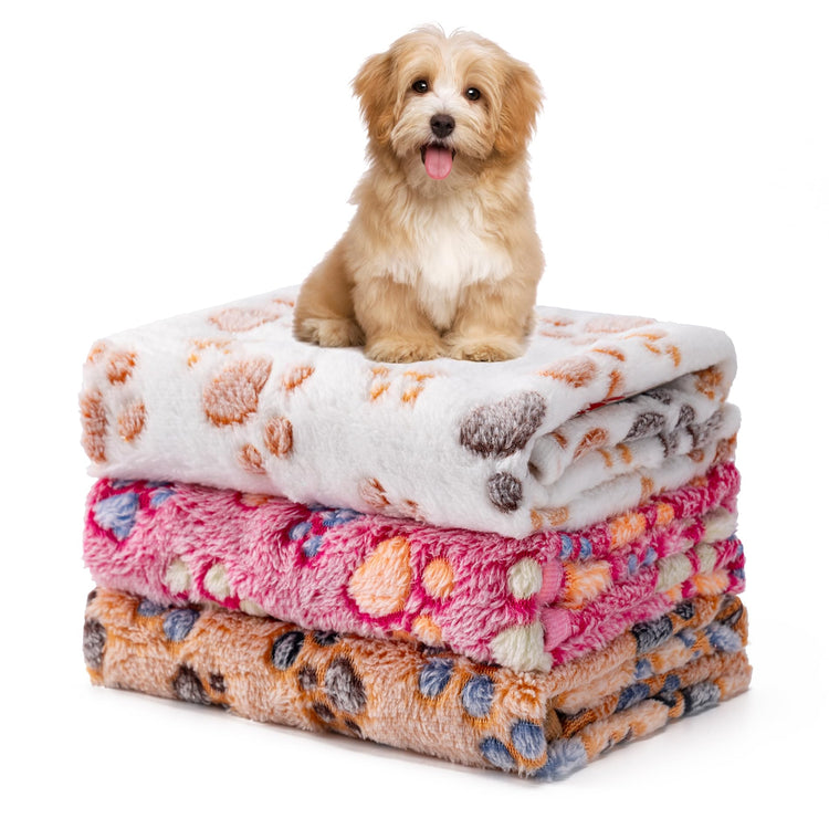 1 Pack 3 Blankets Fluffy Premium Fleece Soft Pet Blanket Flannel Throw for Cat Dog Puppy (Small 23x16'', Paw-White/Pink/Brown)
