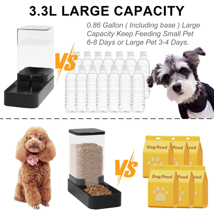 Automatic Cat Feeder and Water Dispenser in Set with Pet Food Bowl,Gravity Dog Waterer and Food Feeder for Small Medium Dog Cat Puppy Kitten Large Capacity(3.3L,Black)