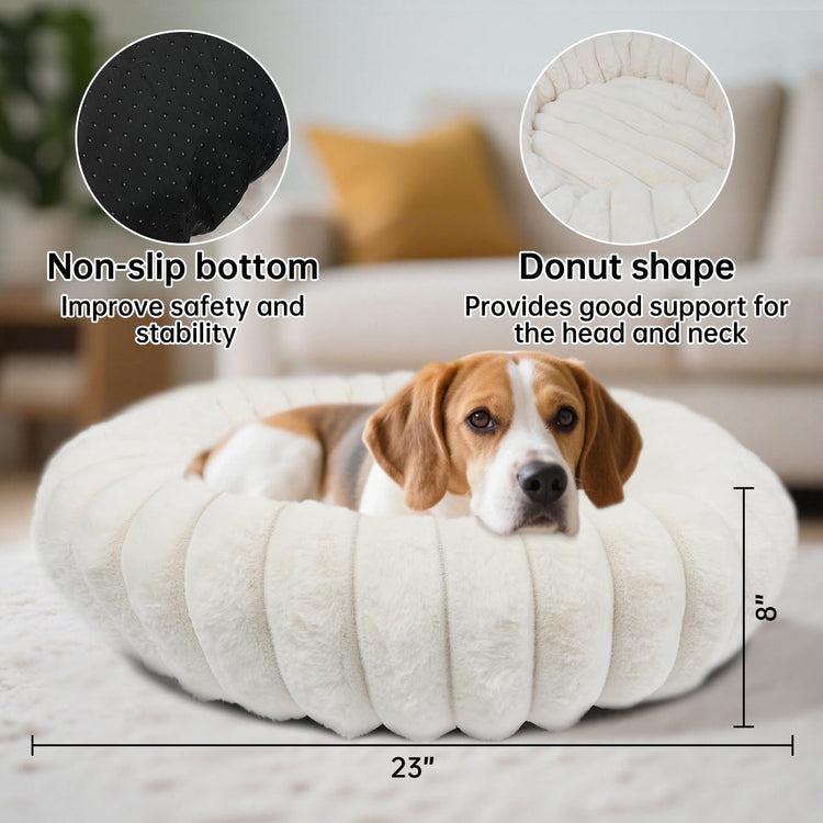 Donut Dog and Cat Bed, Luxurious Comfortable Faux Rabbit Fur Pet Beds, Round Anti-Anxiety Calming Puppy Kitten Bed with Anti-Slip Bottom for Small Medium Dogs & Cats(28", White)