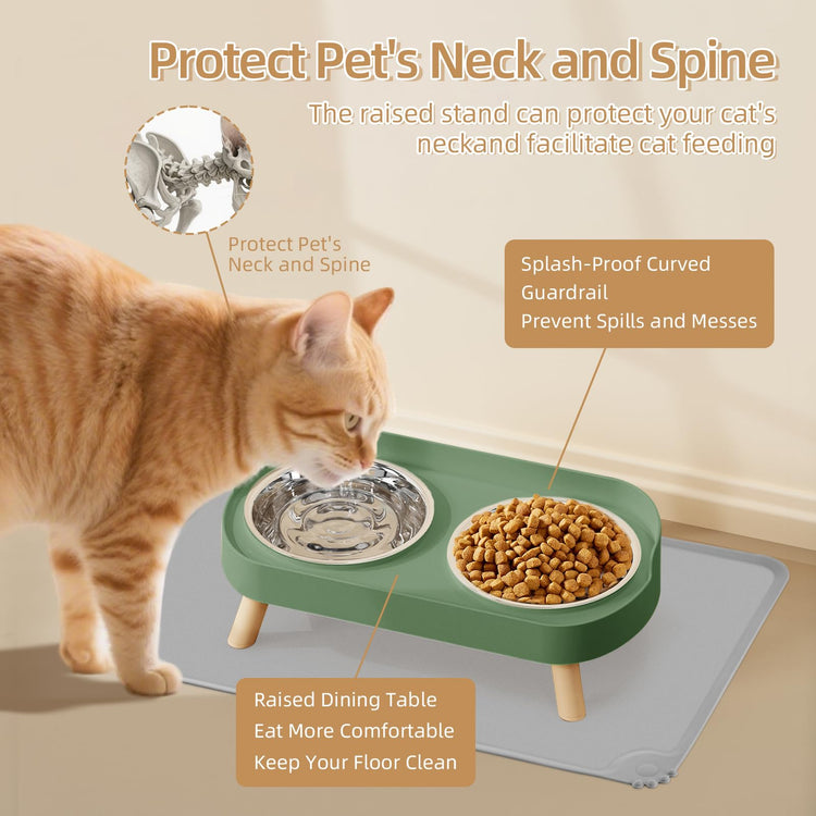 Elevated Cat Bowl, Raised Cat Food and Water Bowl Set for Indoor Cats, Splash Proof with 2 Stainless Steel Pet Food Bowls for Cats and Puppies, Whisker Fatigue and Dishwasher Safe - White