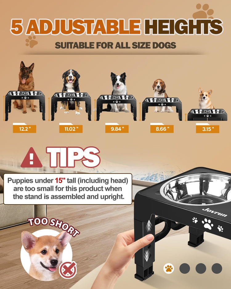 Jovrun Elevated Dog Bowls for Medium Large Size Dogs, Non-Slip Dog Feeder with 1*Stainless Steel Dishes & 1*Slow Feeder Bowl, 5 Heights Adjustable Raised Bowls to 3.15″-8.66″-9.84″-11.02″-12.2″