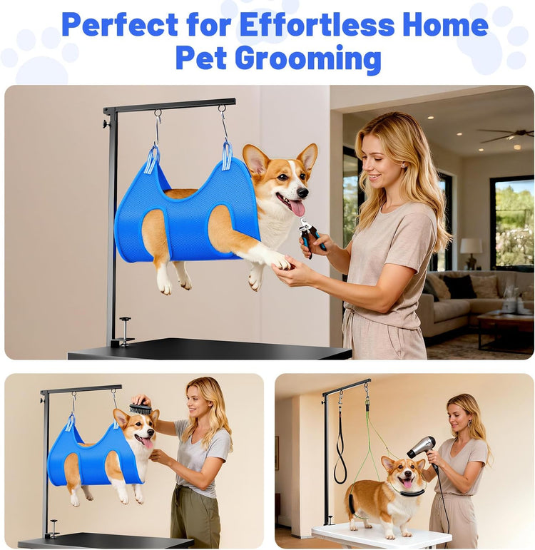 Dog Grooming Arm with Hammock, Adjustable 26"-38" Foldable Grooming Table Arm with Clamp & 2 No-Sit Holders, Heavy Duty for Small & Medium Dogs, Includes Nail Clippers (Table Not Included)