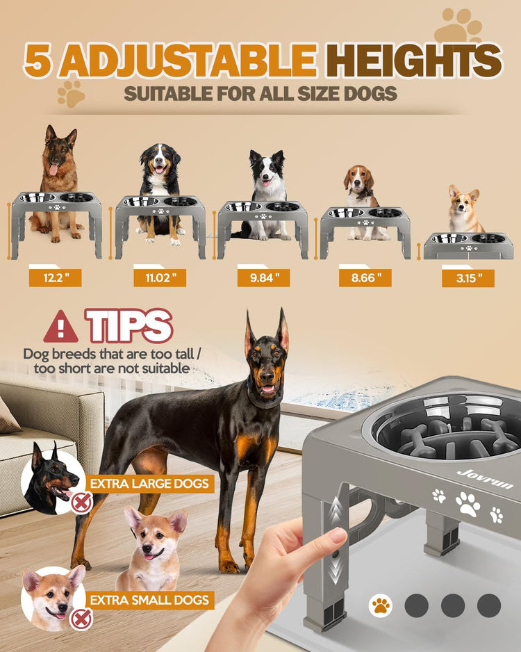 Jovrun Elevated Dog Bowls for Medium Large Size Dogs, Non-Slip Dog Feeder with 1*Stainless Steel Dishes & 1*Slow Feeder Bowl, 5 Heights Adjustable Raised Bowls to 3.15″-8.66″-9.84″-11.02″-12.2″