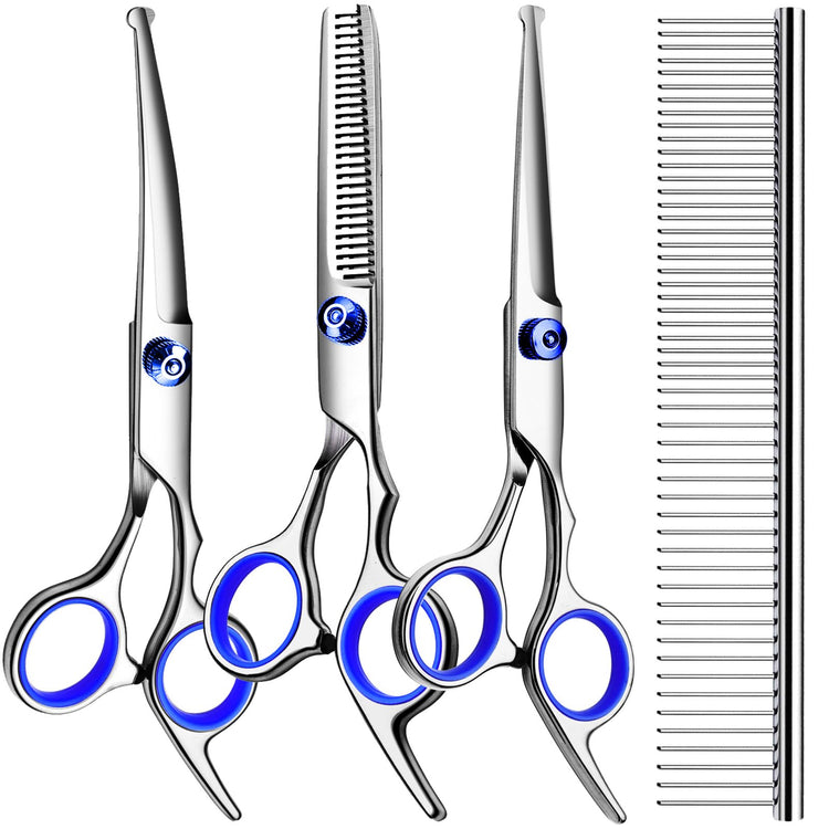 TINMARDA Dog Grooming Kit, Professional Stainless Steel Dog Grooming Scissors with Curved Shears, Pink Finger Rings - 5 Piece Sharp Durable Pet Shears for Dogs Cats At Home Salon-Quality Grooming