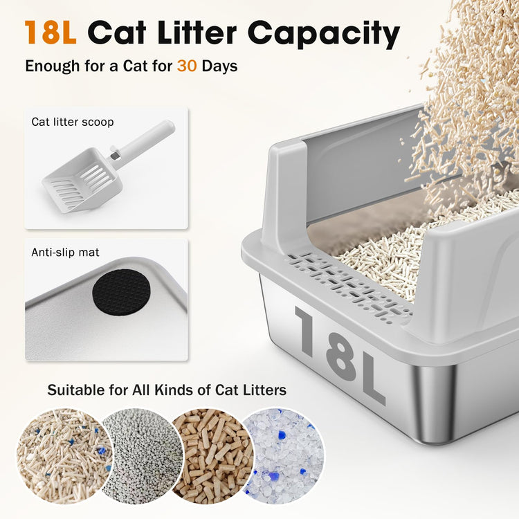 2PACK Stainless Steel Litter Box, Extra Large Litter Boxes for Big Cats, XL Metal Cat Litter Box with Lid High Sides, Anti-Urine Leakage, Non-Sticky, Scoop Included