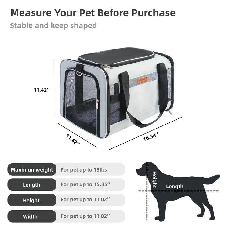 YUNIQUE Soft-Sided Cat & Dog Carrier for Pets Up to 15 Lbs, Airline Approved Collapsible Travel Puppy Carrier with Lightweight Fabric Design (Grey)