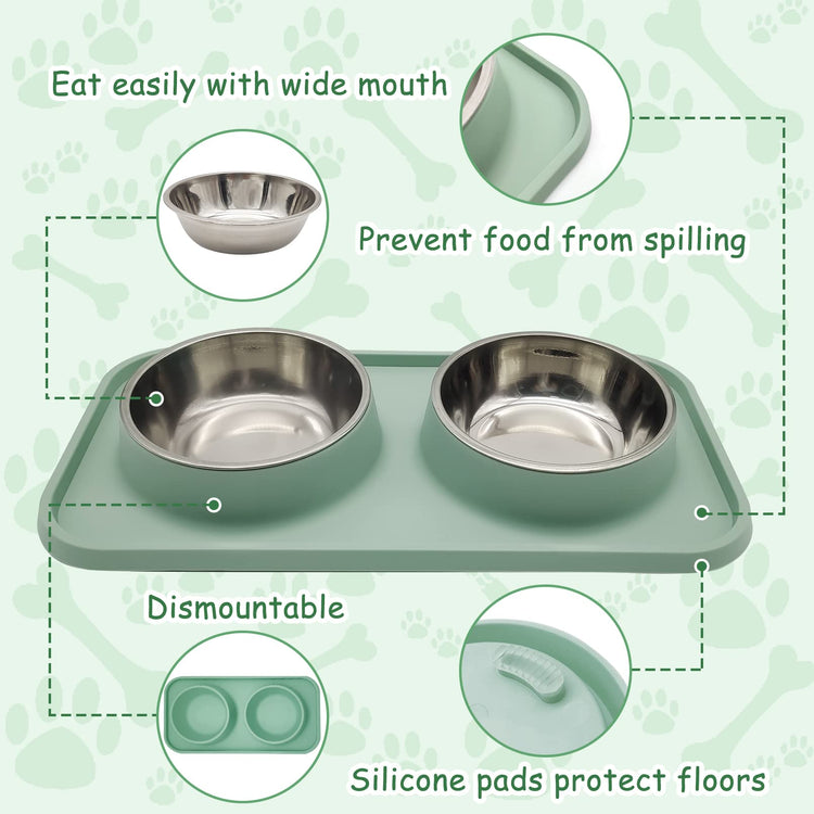BNOSDM Double Dog Food Bowls Stainless Steel Dog Food and Water Bowls with Non-Spill Plastic Mat Pet Cat Feeder Bowl Set for Puppy Cats Kitten Small Medium Dogs Pink