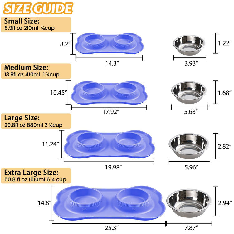 Hubulk Pet Dog Bowls 2 Stainless Steel Dog Bowl with No Spill Non-Skid Silicone Mat + Pet Food Scoop Water and Food Feeder Bowls for Feeding Small Medium Large Dogs Cats Puppies (Small, Blue)