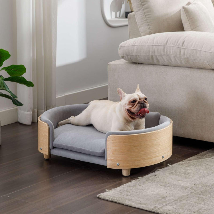 Velvet Dog Bed Pet Sofa with Solid Wood Legs and Bent Wood Back, Stain-Resistant Cushion in Multiple Colors - Luxury Pet Furniture for Cats and Dogs, Dark Grey