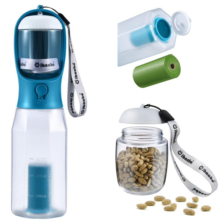 Cibaabo Dog Water Bottle with Food Container & Poop Bag Holder, Travel Water Bowl, Portable Pet Dispenser, Dog Gifts Stuff Accessories Items, Puppy Essentials for Yorkie Chihuahua Walking Hiking