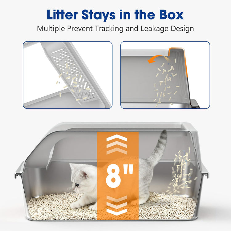 2 Pack XL Stainless Steel Litter Box, Metal Cat Litter Boxes with Lid, High Sided Enclosed Litter Boxes for Big Cat and Multiple Cats, Anti-Urine Leakage | Non-Stick Bottom & Includes Scoop