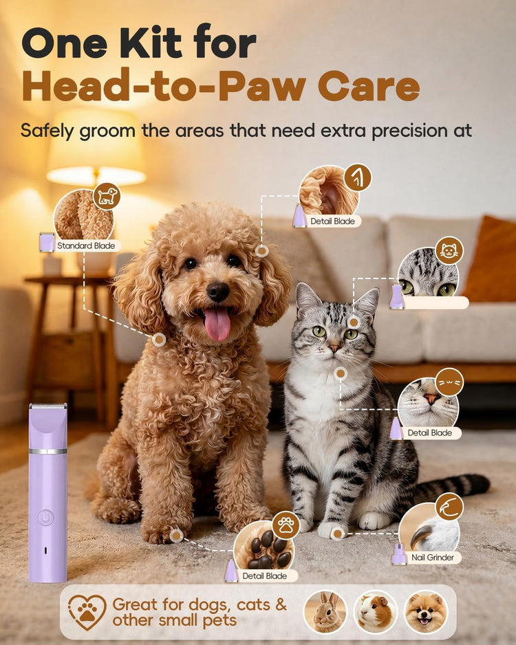 Veeconn Dog Clippers Grooming Kit Hair Clipper-Low Noise Paw Trimmer- Rechargeable - Cordless Quiet Nail Grinder Shaver for Cats and Other Pets