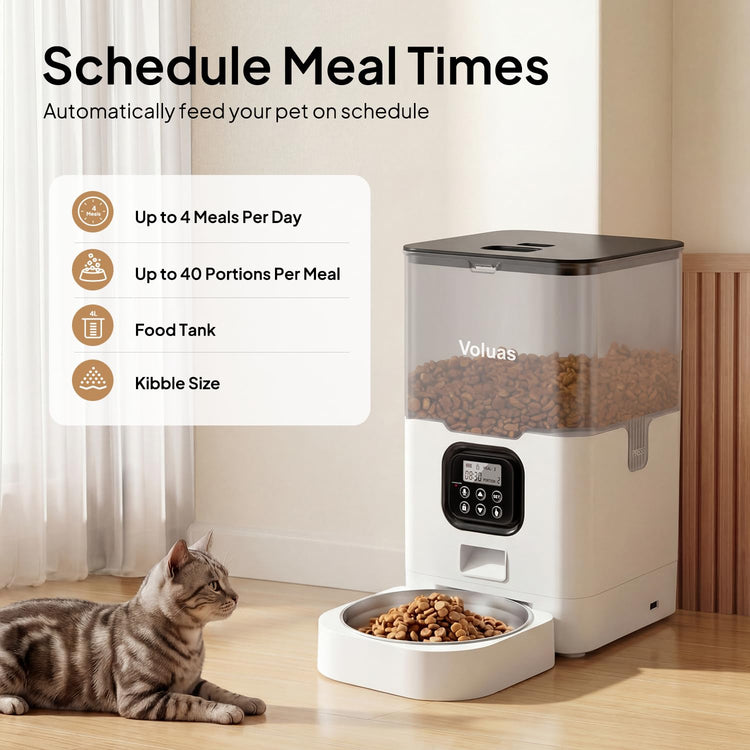 VOLUAS Automatic Cat Feeders - Timed Pet Feeder for Cats and Dogs with Dry Food Dispenser, Desiccant Bag, Programmable Portion Control, 4 Daily Meals, 10s Voice Recorder