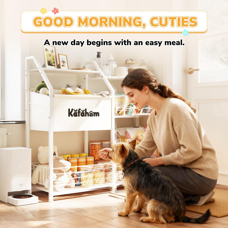 KAFAHOM Dog Toy Basket with Collar Leash Holder Hooks, Large Pet Bin, Dog Toy Box for Living Room Area, Cat Stuff Storage Organizer with Cabinet and Can Dispenser, Great Gifts for Pet Lovers