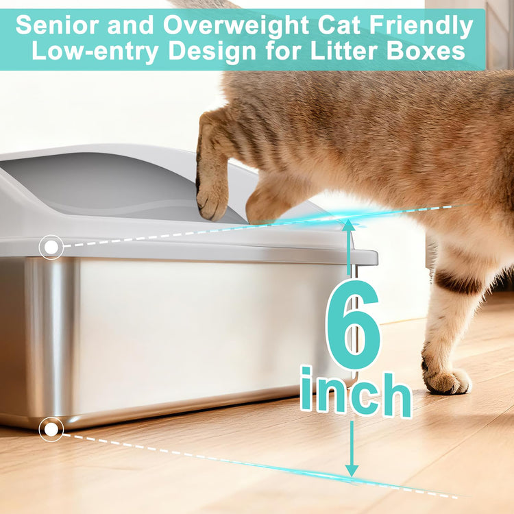 2 Pack Stainless Steel Litter Box for Kitty | Metal Kitty Litter Box with Lid High Sided for Small Cats or Injured Cats, Bunny Litter Boxes, Low Entry, Odor-Free, Non-Stick,Includes Scoop