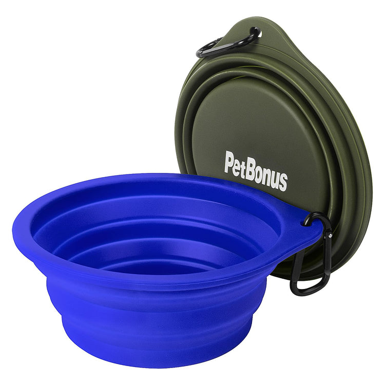 PetBonus 2-Pack Silicone Collapsible Dog Bowls, BPA Free Dishwasher Safe, Portable Foldable Expandable Travel Bowl, Food Water Feeding Cup Dish for Dogs Cats with 2 Carabiners (Turquoise, Tan)