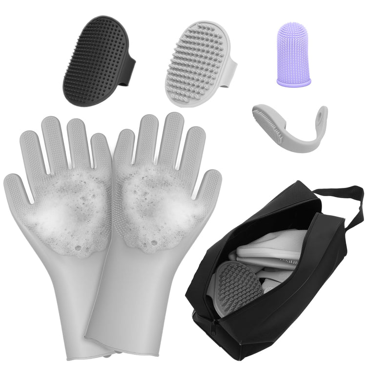 7PCS Pet Grooming Kit for Dogs and Cats，with Storage Bag & Includes Dog Washing Gloveswith High-Density Teeth, Adjustable Handle Dog Shampoo Brush, Dog Finger Toothbrush (Gray)