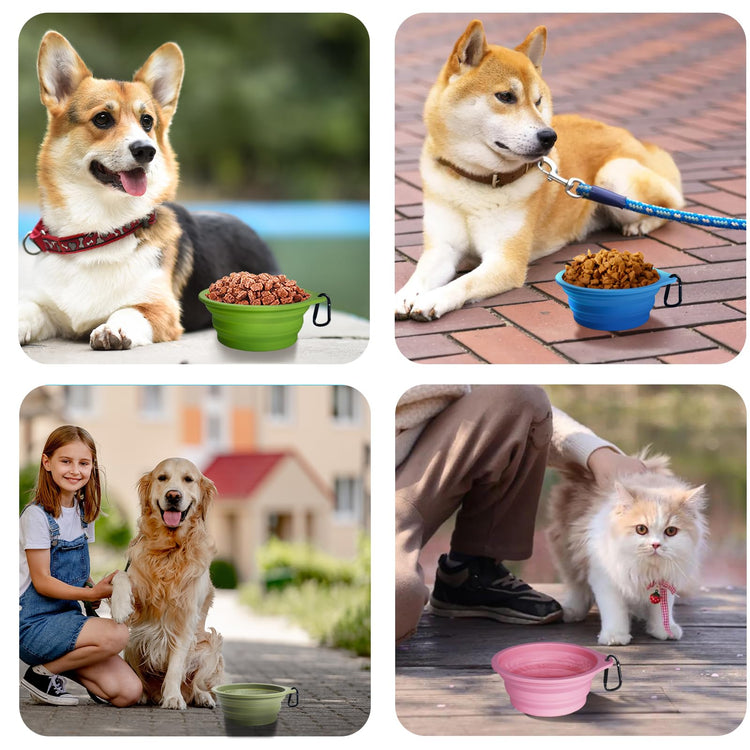 PetBonus 2-Pack Silicone Collapsible Dog Bowls, BPA Free Dishwasher Safe, Portable Foldable Expandable Travel Bowl, Food Water Feeding Cup Dish for Dogs Cats with 2 Carabiners (Turquoise, Tan)