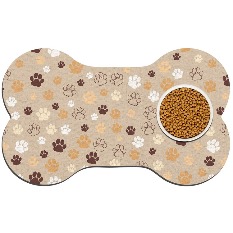 Pet Dog Cat Food Mat, Absorbent Bone Shaped Dog Bowl Mats for Food and Water, Non Slip Cute Dogs Cat Placemats Feeding Mat with Rubber for Floors Indoor Puppy Pet Accessories Supplies 12"x20" Khaki
