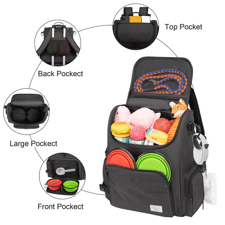 Modoker Dog Travel Bag Backpack, Airline Approved Pet Accessories Organizer for Dog and Cat with Shoulder Strap, 2 Dog Food Storage Containers, 2 Collapsible Dog Bowls,1 Pet Mat, Grey