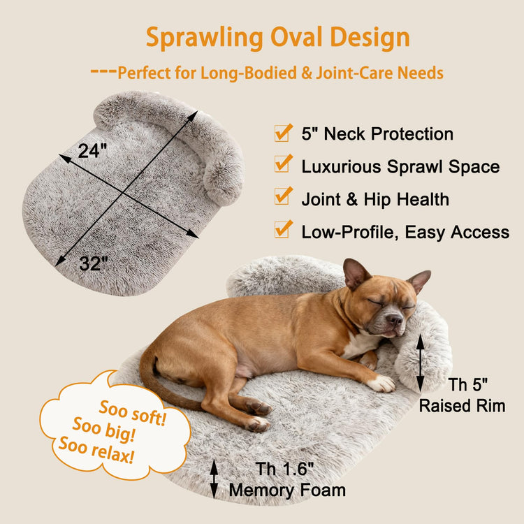 Orthopedic Dog Bed with Egg-Crate Base, Calming Dog & Cat Beds Long Plush with Raised Edges, Spine Friendly Pet Sleeping Mat for Small Medium Dogs, Machine Washable (Oval, Beige 26"x20")