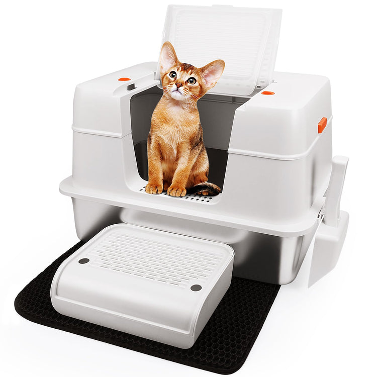 Vivifying Stainless Steel Litter Box, XL Side Entry Extra Large Litter Box with Lid for Big Cats & Kitty, Removable Enclosed Metal Cat Pan with High Sided Enclosure, Scoop (Black)