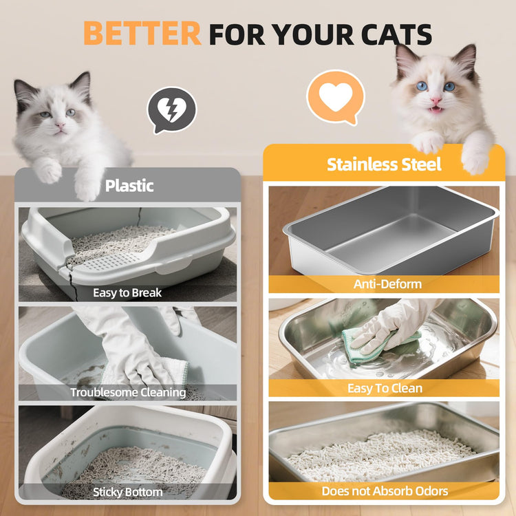 WoofiGo Enclosed Stainless Steel Cat Litter Box with Lid, XL Extra Large Litter Box for Big Cats, Metal Litter Pan High Sided, Never Absorbs Odors, Anti-Urine Leakage, Easy Cleaning, Include Scoop