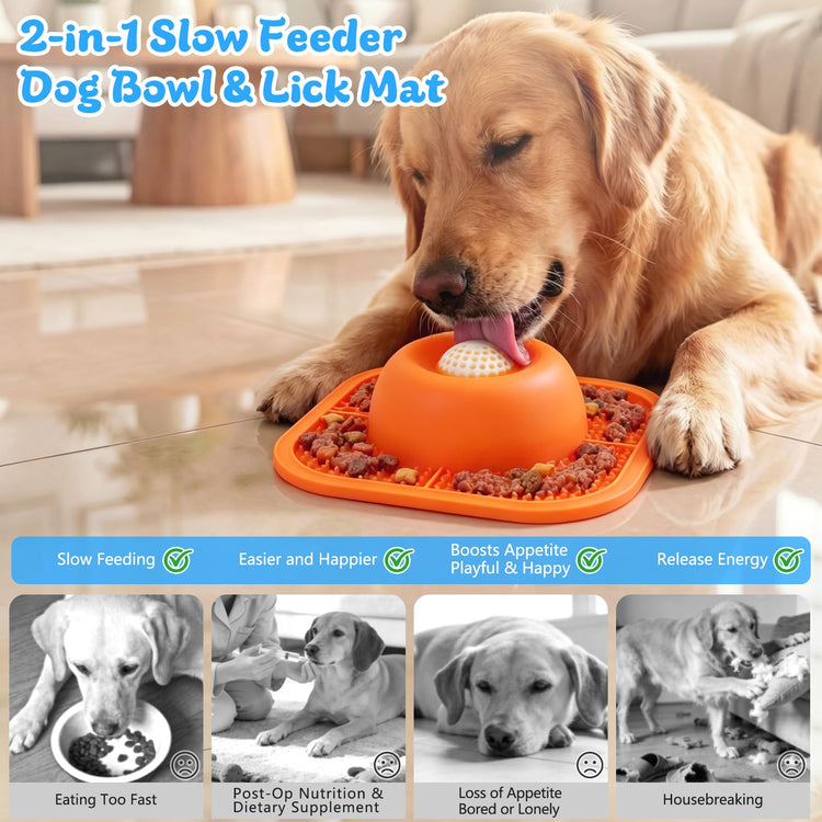 Slow Feeder Dog Bowls & Lick Mat for Liquid and Thick Treat, Anti-Slip Dog Lick Bowl with Interactive Rolling Ball, 5/6 Cup Pup Licking Toy for Large Medium Small Dogs and Cats Blue