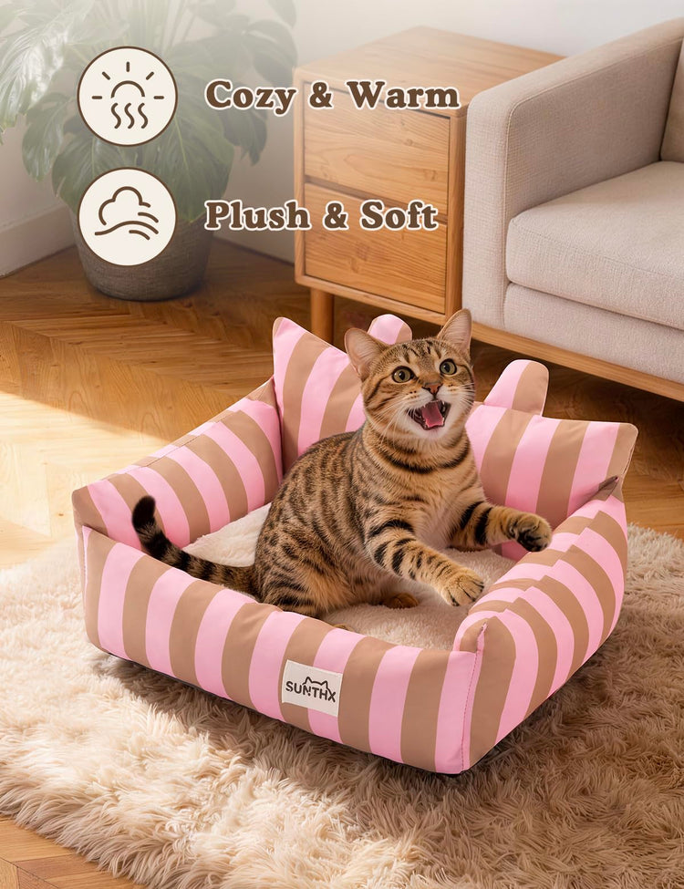 Cat Couch, Reversible Pet Bed for Indoor Cats – 2-Sided Cat Sofa with Oxford Fabric and Plush Fleece, Washable Small Dog Couch for Puppies and Senior Pets, Non-Slip Bottom, 28 inch, Pink Brown