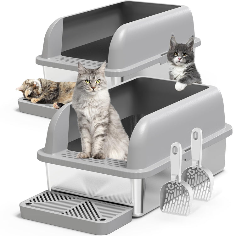 Extra Large Stainless Steel Litter Box with Lid, High Sides Enclosed Cat Litter Box for Big Cats & High Peeing, Anti-Leak & Odor Control Metal Litter Pan, Easy Clean Non-Stick Kitty Litter Box