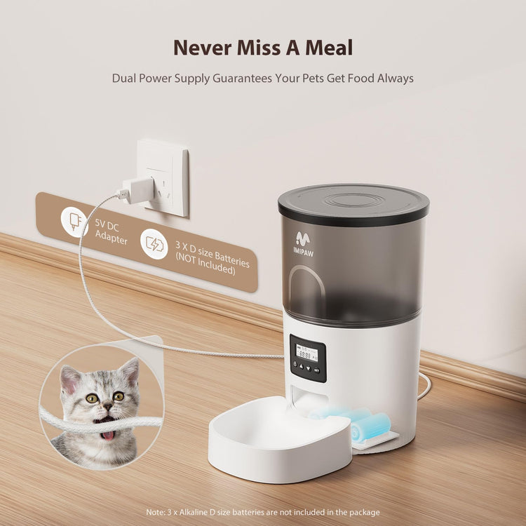 IMIPAW Automatic Cat Feeders, Timed Cat Dry Food Dispenser with Desiccant Bag, Dual Power Supply, Programmable Portion Size, 6 Meals, 20 Portions Per Day, Auto Pet Feeder for Cats and Small Dog, White