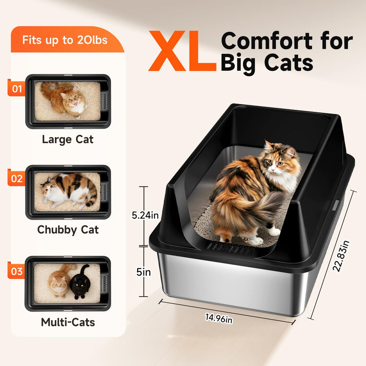 2 Pack XL Stainless Steel Litter Box with High Sides Shield for Multi Cat, Extra Large Tall Wall Open Top Deep Metal Pan for Big Cats, Anti-Leak Non-Stick Odor Control, 2 Scoops Included, Gray