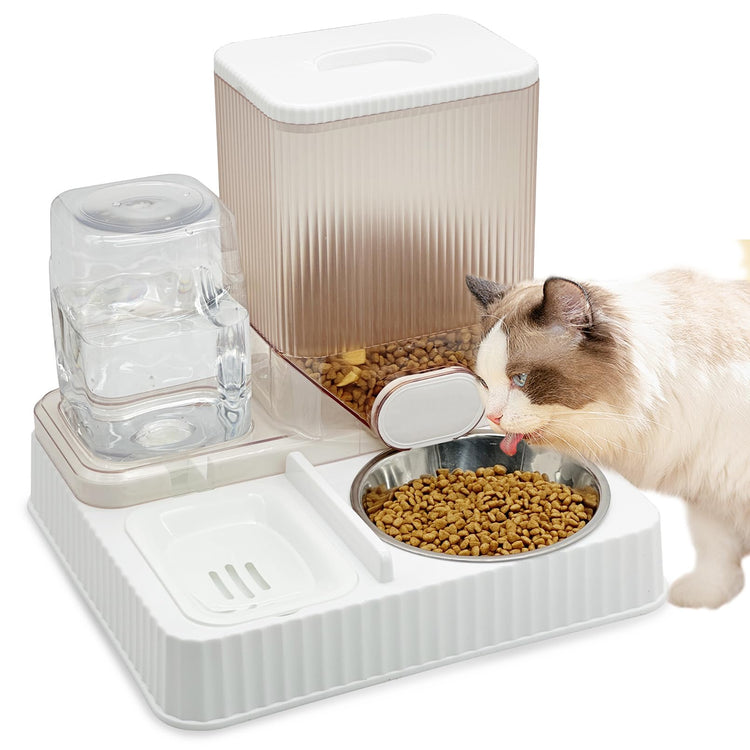 Fhiny Gravity Cat Feeder & Water Dispenser, 2 in 1 Automatic Puppy Waterer Removable Stainless Steel Food Bowls Set Self Feeding Pet Food Storage for Cat Kitten Puppy Easy Clean (White)