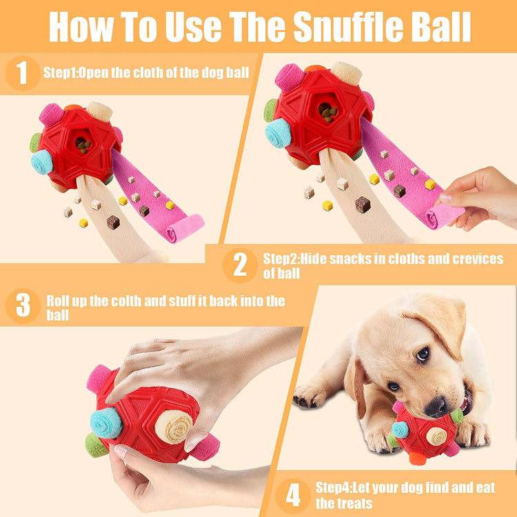 Dog Snuffle Ball-Interactive Puzzle Dog Toys Encourage Natural Foraging Skills Slow Feeder for Training and Stress Relief, Cloth Strip Hiding Food Chew Toys with Squeaky Carrot Toy for Any Size