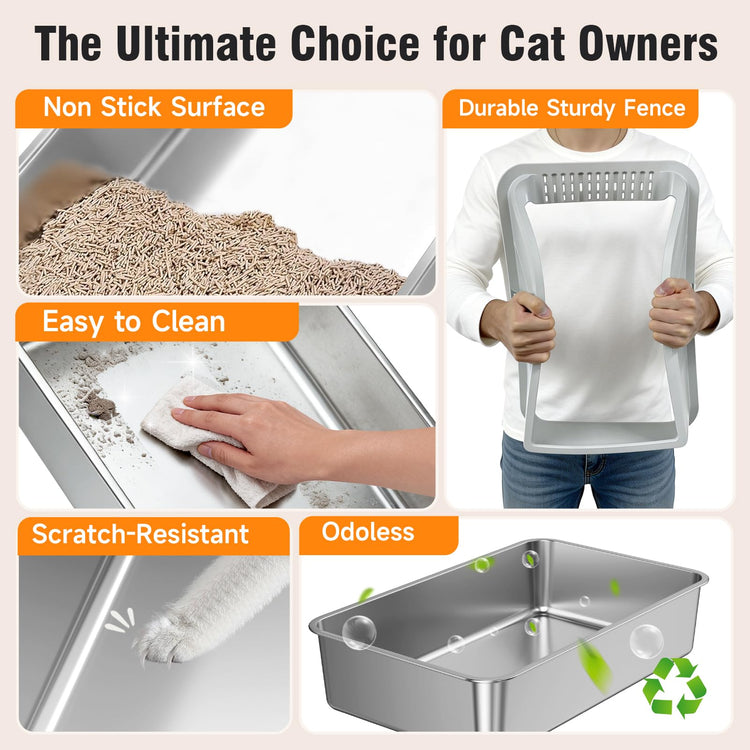 2PACK Stainless Steel Cat Litter Boxes, XL Large Metal Litter Box with High Sides Lid, Odor Free Litter Pan Include Scoop Easy Cleaning Anti-Scratch Kitty Cat Box Anti-Urine Leakage, Non-Sticky