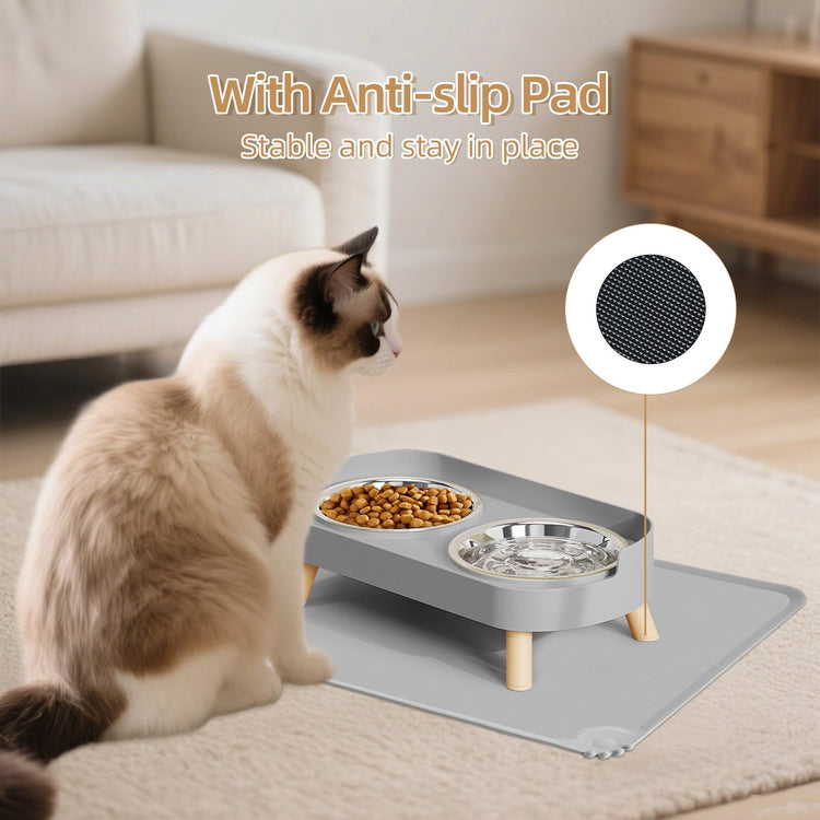 Elevated Cat Bowl, Raised Cat Food and Water Bowl Set for Indoor Cats, Splash Proof with 2 Stainless Steel Pet Food Bowls for Cats and Puppies, Whisker Fatigue and Dishwasher Safe - White